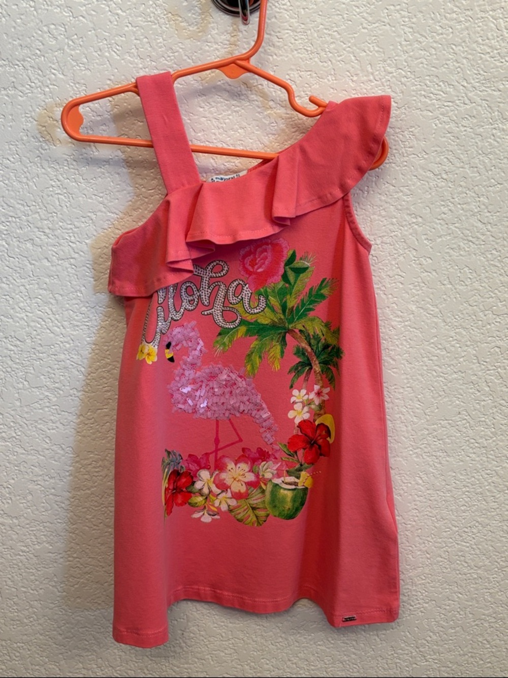 Mayoral girls pink Tropical Flamingo Ruffle dress one shoulder size 4 years